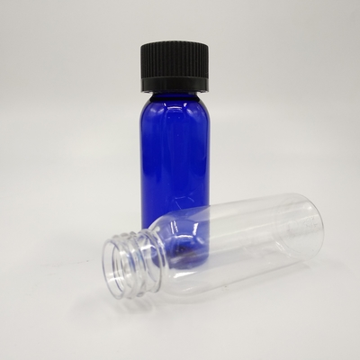 1 oz Cobalt Blauw Plastic Boston Ronde Flessen Met Zwarte Ribbed Cap