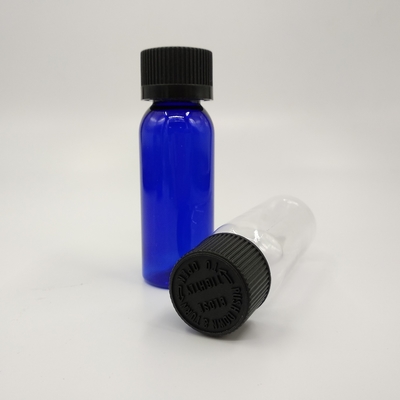 1 oz Cobalt Blauw Plastic Boston Ronde Flessen Met Zwarte Ribbed Cap