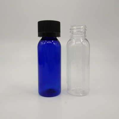 1 oz Cobalt Blauw Plastic Boston Ronde Flessen Met Zwarte Ribbed Cap