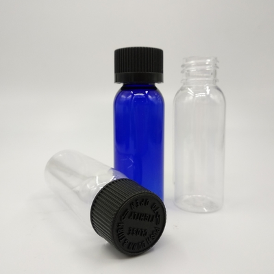 1 oz Cobalt Blauw Plastic Boston Ronde Flessen Met Zwarte Ribbed Cap