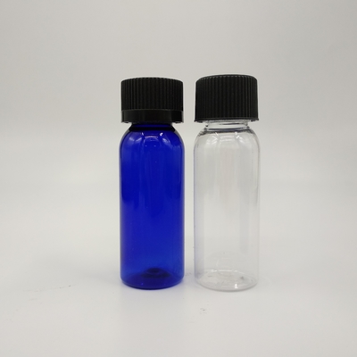 1 oz Cobalt Blauw Plastic Boston Ronde Flessen Met Zwarte Ribbed Cap