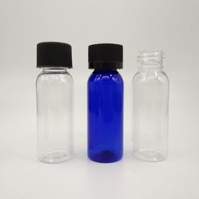 1 oz Cobalt Blauw Plastic Boston Ronde Flessen Met Zwarte Ribbed Cap