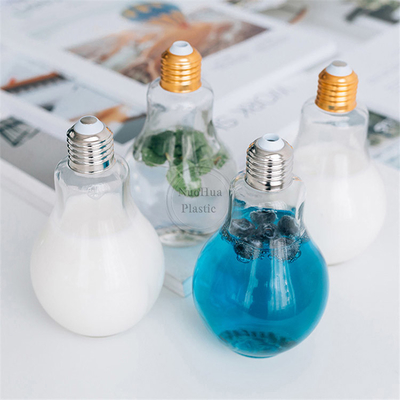 Hot Sale Juice Glass Jar Light Blub Shape met deksel 100ml Mini Size Lovely Light Bulb Shape PET Plastic Flask