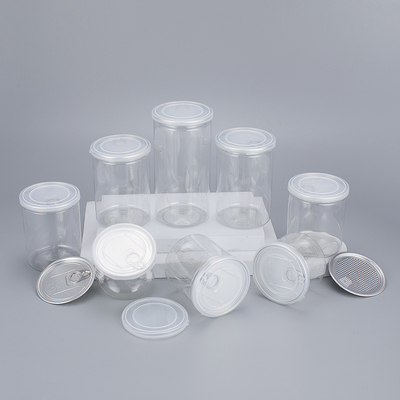 Aanpasbare transparante plastic potten met aluminium deksel verschillende maten 2 oz-8 oz voor schoonheidsproducten.