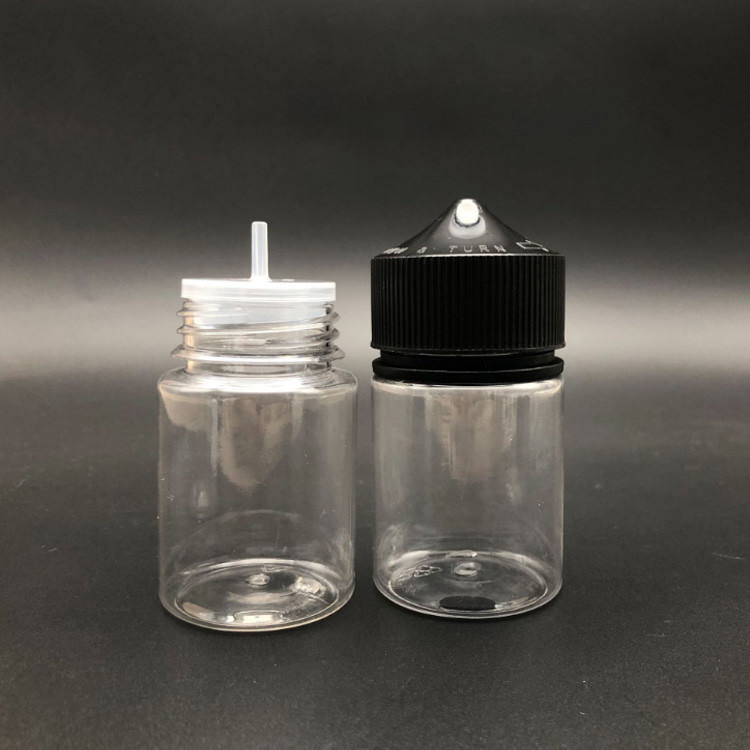 100 ml transparante ronde E-fles met kinddichte schroefkap en op maat gemaakt schermdruk